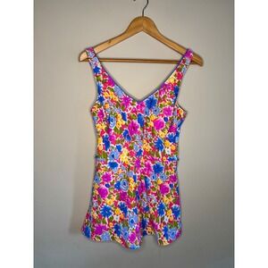 Vintage Sea Waves Floral Swim Dress One Piece Multicolor Womens 12